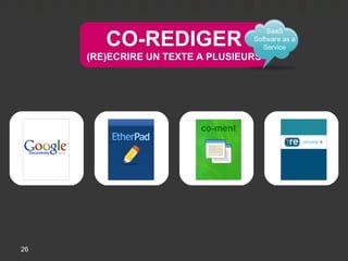 CO-REDIGER
                                      SaaS
                                  Software as a
                                     Service
     (RE)ECRIRE UN TEXTE A PLUSIEURS




26
 