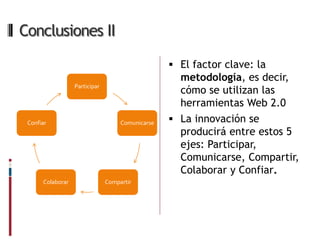 Conclusiones II

                                                   El factor clave: la
                                                    metodología, es decir,
                  Participar
                                                    cómo se utilizan las
                                                    herramientas Web 2.0
 Confiar                            Comunicarse    La innovación se
                                                    producirá entre estos 5
                                                    ejes: Participar,
                                                    Comunicarse, Compartir,
                                                    Colaborar y Confiar.
      Colaborar                Compartir
 