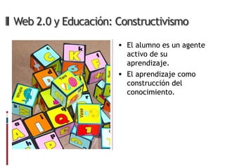 Web 2.0 y Educación: Constructivismo

                      El alumno es un agente
                       activo de su
                       aprendizaje.
                      El aprendizaje como
                       construcción del
                       conocimiento.
 