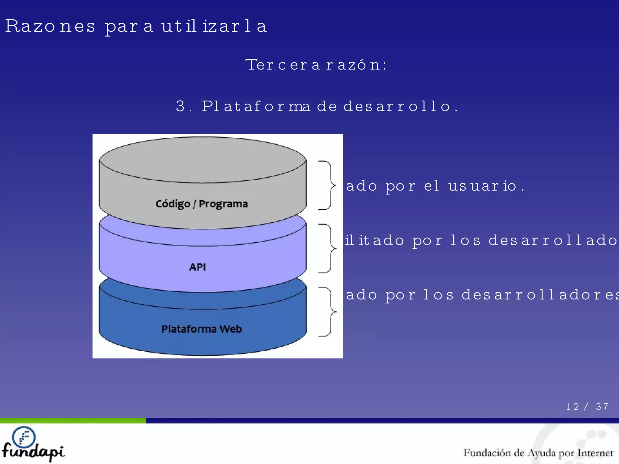 Razones para utilizarla Tercera razón: 3.  Plataforma de desarrollo. 12 /  37 Creado por el usuario. Facilitado por los desarrolladores. Creado por los desarrolladores. 