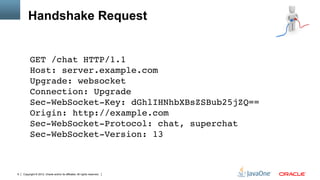 Handshake Request


         GET /chat HTTP/1.1 
         Host: server.example.com 
         Upgrade: websocket 
         Connection: Upgrade 
         Sec-WebSocket-Key: dGhlIHNhbXBsZSBub25jZQ== 
         Origin: http://example.com 
         Sec-WebSocket-Protocol: chat, superchat 
         Sec-WebSocket-Version: 13 "



9   Copyright © 2012, Oracle and/or its affiliates. All rights reserved.
 