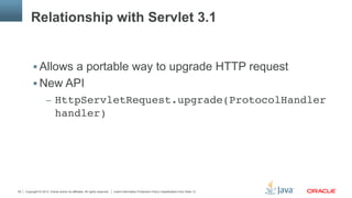 Copyright © 2013, Oracle and/or its affiliates. All rights reserved. Insert Information Protection Policy Classification from Slide 1339
Relationship with Servlet 3.1
§ Allows a portable way to upgrade HTTP request
§ New API
–  HttpServletRequest.upgrade(ProtocolHandler
handler)"
 