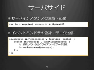 !                           ⽣生
var io = require(‘socket.io’).listen(80)!
!
!
! 
io.sockets.on('connection', function (socket) { 
  !socket.on(‘message’, function(message) {!
  ! !//                                  !
  ! !io.sockets.send(message);!
  !}); 
});!
!
 