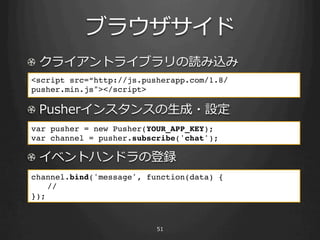 ! 
<script src=“http://js.pusherapp.com/1.8/
pusher.min.js"></script>!
!
!                           ⽣生
var pusher = new Pusher(YOUR_APP_KEY);!
var channel = pusher.subscribe('chat');!

! 
channel.bind('message', function(data) {!
  !//!
});!
 