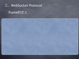 WebSocket Protocol

frame          :



 FIN 1bit,                message

 RSV0   RSV1       RSV2      1bit,
                      0

 opcode: 4bit,                payload data
 