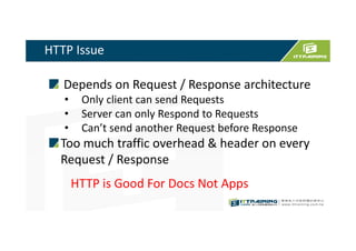 HTTP Issue
Depends on Request / Response architecture
• Only client can send Requests
• Server can only Respond to Requests
• Can’t send another Request before Response
Too much traffic overhead & header on every
Request / Response
HTTP is Good For Docs Not Apps
 