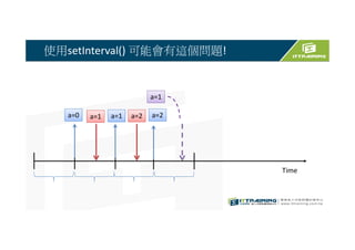 實驗: Polling SetInterval() 與SetTimeout() 差異
輪詢（polling）是讓瀏覽器每隔一段時間就自動送出一個
HTTP 請求給伺服器
 
