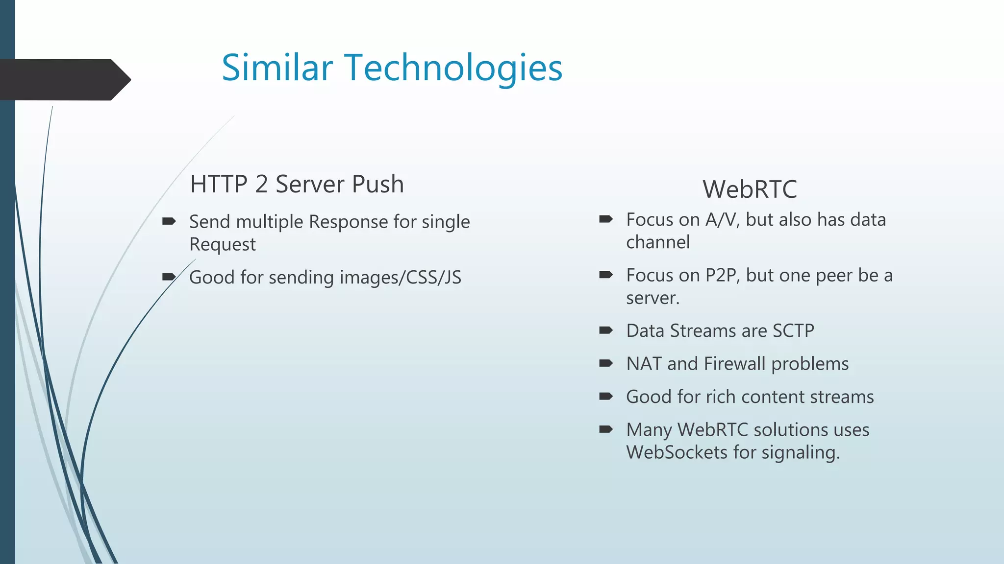 Similar Technologies
HTTP 2 Server Push
 Send multiple Response for single
Request
 Good for sending images/CSS/JS
WebRTC
 Focus on A/V, but also has data
channel
 Focus on P2P, but one peer be a
server.
 Data Streams are SCTP
 NAT and Firewall problems
 Good for rich content streams
 Many WebRTC solutions uses
WebSockets for signaling.
 