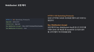 HTTP/1.1 101 Switching Protocols
101은HTTP에서WS로프로토콜전환이승인되었다는
응답코드
Sec-WebSocket-Accept
요청헤더의Sec-WebSocket-Key에유니크아이디를
더해서SHA-1로해싱한후base64로인코딩한결과
웹소켓연결이개시되었음을알림
WebSocket 요청헤더
 