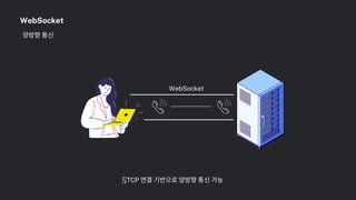 양방향통신
WebSocket
TCP 연결기반으로양방향통신가능
WebSocket
 