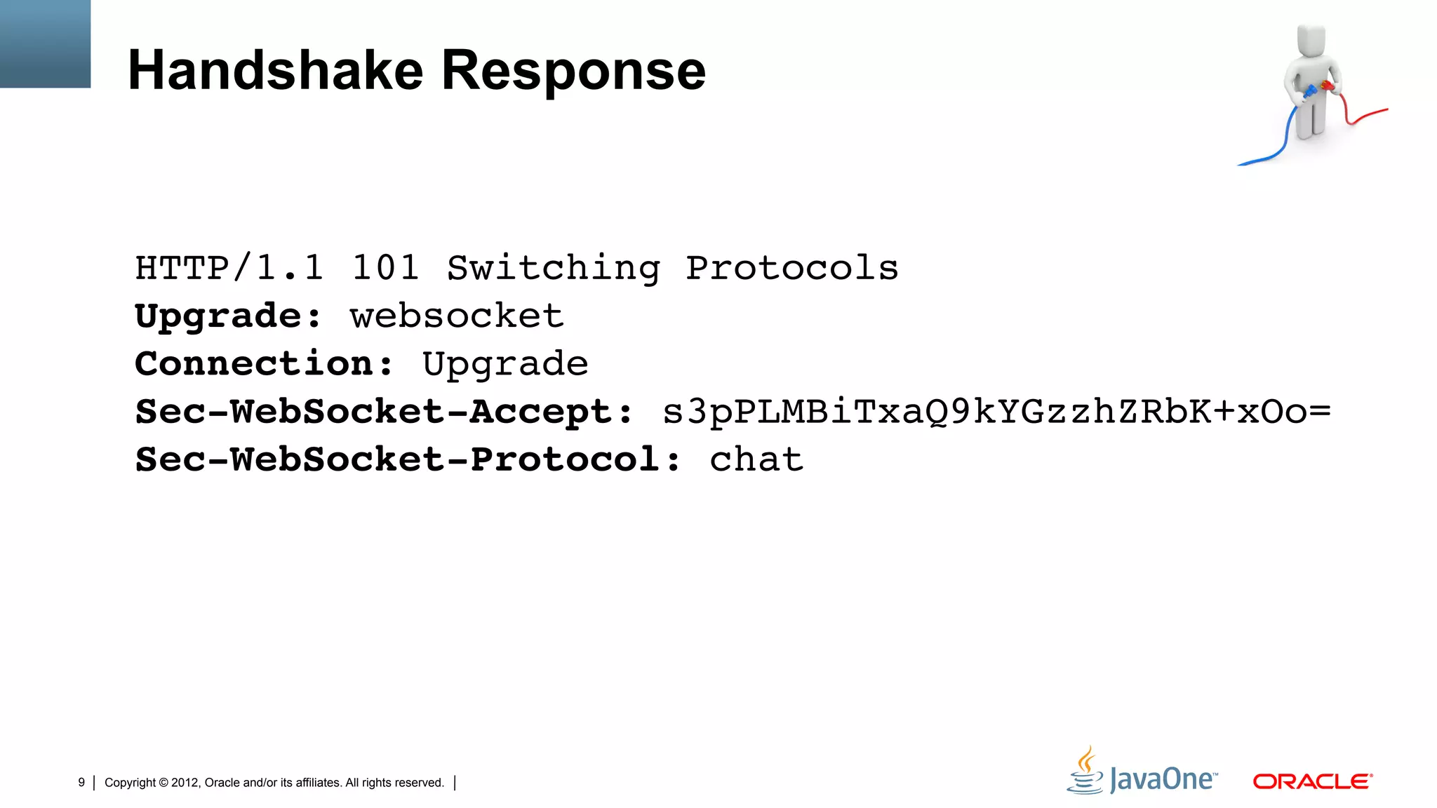 Handshake Response


         HTTP/1.1 101 Switching Protocols 
         Upgrade: websocket 
         Connection: Upgrade 
         Sec-WebSocket-Accept: s3pPLMBiTxaQ9kYGzzhZRbK+xOo= 
         Sec-WebSocket-Protocol: chat "




9   Copyright © 2012, Oracle and/or its affiliates. All rights reserved.
 