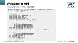 WebSocket API
         www.w3.org/TR/websockets/




12   Copyright © 2012, Oracle and/or its affiliates. All rights reserved.
 