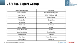 JSR 356 Expert Group
                                         Jean-Francois Arcand                     Individual
                                                Scott Ferguson              Caucho Technology, Inc
                                                    Joe Walnes               DRW Holdings, LLC
                                                 Minehiko IIDA                  Fujitsu Limited
                                                    Wenbo Zhu                    Google Inc.
                                                     Bill Wigger                     IBM
                                                     Justin Lee                   Individual
                                                Danny Coward                        Oracle
                                              Rémy Maucherat                       RedHat
                                              Moon Namkoong                     TmaxSoft, Inc.
                                                 Mark Thomas                       VMware
                                                      Wei Chen                Voxeo Corporation
                                                  Greg Wilkins                    Individual

17   Copyright © 2012, Oracle and/or its affiliates. All rights reserved.
 