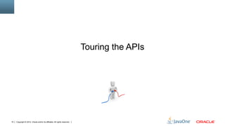 Touring the APIs




19   Copyright © 2012, Oracle and/or its affiliates. All rights reserved.
 