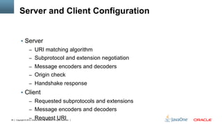 Server and Client Configuration


          §  Server
                     –  URI matching algorithm
                     –  Subprotocol and extension negotiation
                     –  Message encoders and decoders
                     –  Origin check
                     –  Handshake response
          §  Client
                     –  Requested subprotocols and extensions
                     –  Message encoders and decoders

38
                     –  Request URI
     Copyright © 2012, Oracle and/or its affiliates. All rights reserved.
 