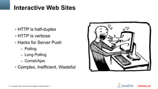 Interactive Web Sites


         §  HTTP is half-duplex
         §  HTTP is verbose
         §  Hacks for Server Push
                    –  Polling
                    –  Long Polling
                    –  Comet/Ajax
         §  Complex, Inefficient, Wasteful



4   Copyright © 2012, Oracle and/or its affiliates. All rights reserved.
 