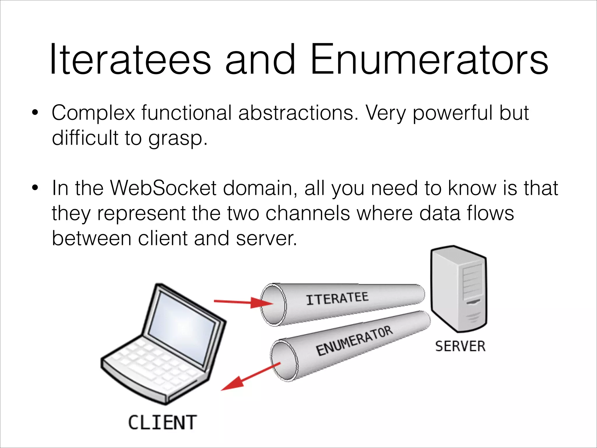 Iteratees and Enumerators
• Complex functional abstractions. Very powerful but
difﬁcult to grasp.
• In the WebSocket domain, all you need to know is that
they represent the two channels where data ﬂows
between client and server.
 