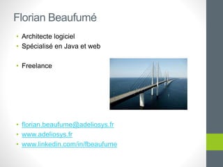 Florian Beaufumé
• Architecte logiciel
• Spécialisé en Java et web
• Freelance
• florian.beaufume@adeliosys.fr
• www.adeliosys.fr
• www.linkedin.com/in/fbeaufume
 