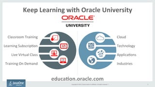 Copyright	
  ©	
  2015,	
  Oracle	
  and/or	
  its	
  aﬃliates.	
  All	
  rights	
  reserved.	
  	
  |	
   3	
  
Classroom	
  Training	
  
Learning	
  SubscripFon	
  
Live	
  Virtual	
  Class	
  
Training	
  On	
  Demand	
  
Keep	
  Learning	
  with	
  Oracle	
  University	
  
educa7on.oracle.com	
  
Cloud	
  
Technology	
  
ApplicaFons	
  
Industries	
  
 