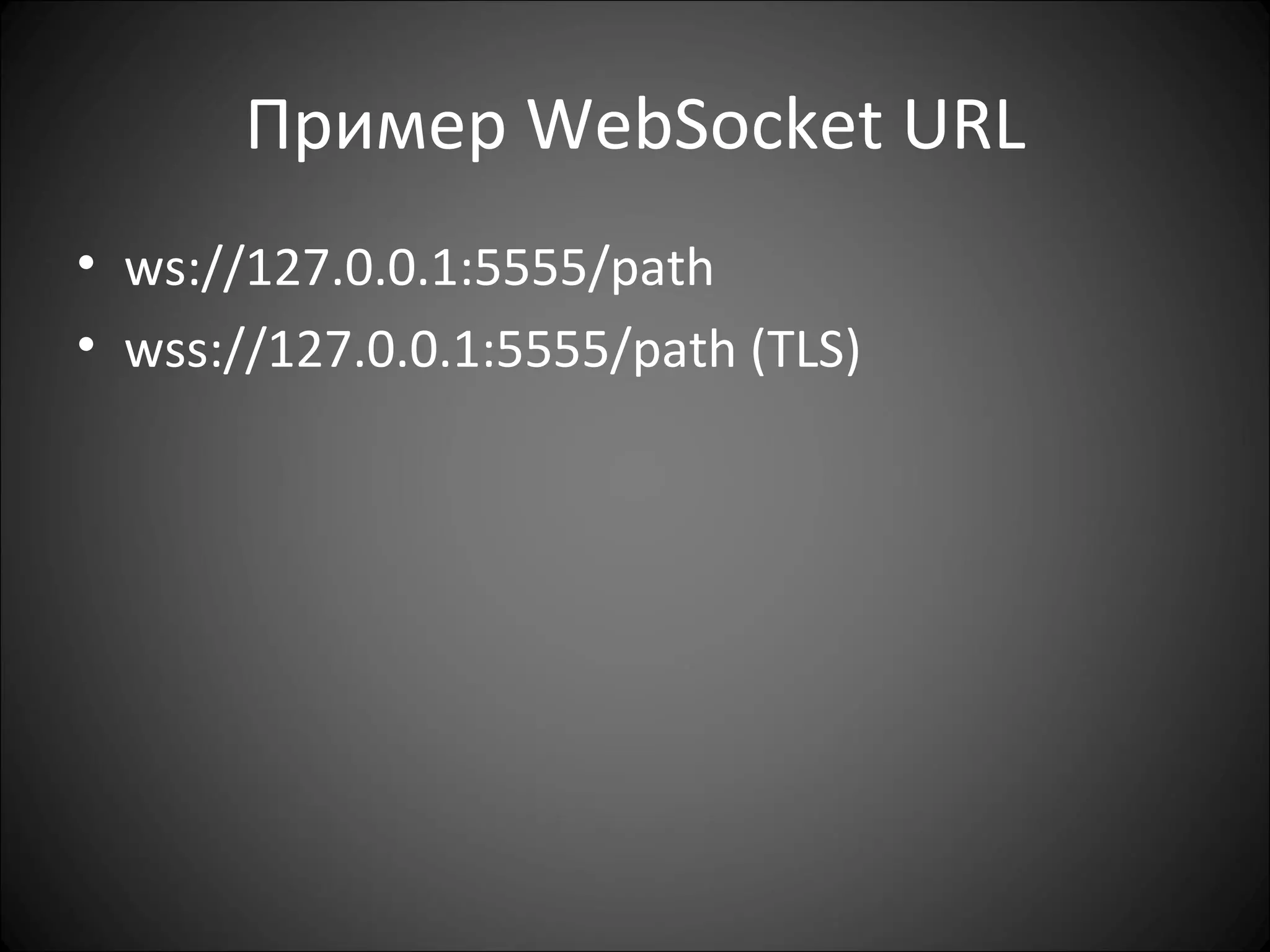 Пример  WebSocket URL ws://127.0.0.1:5555/path wss://127.0.0.1:5555/path  ( TLS) 