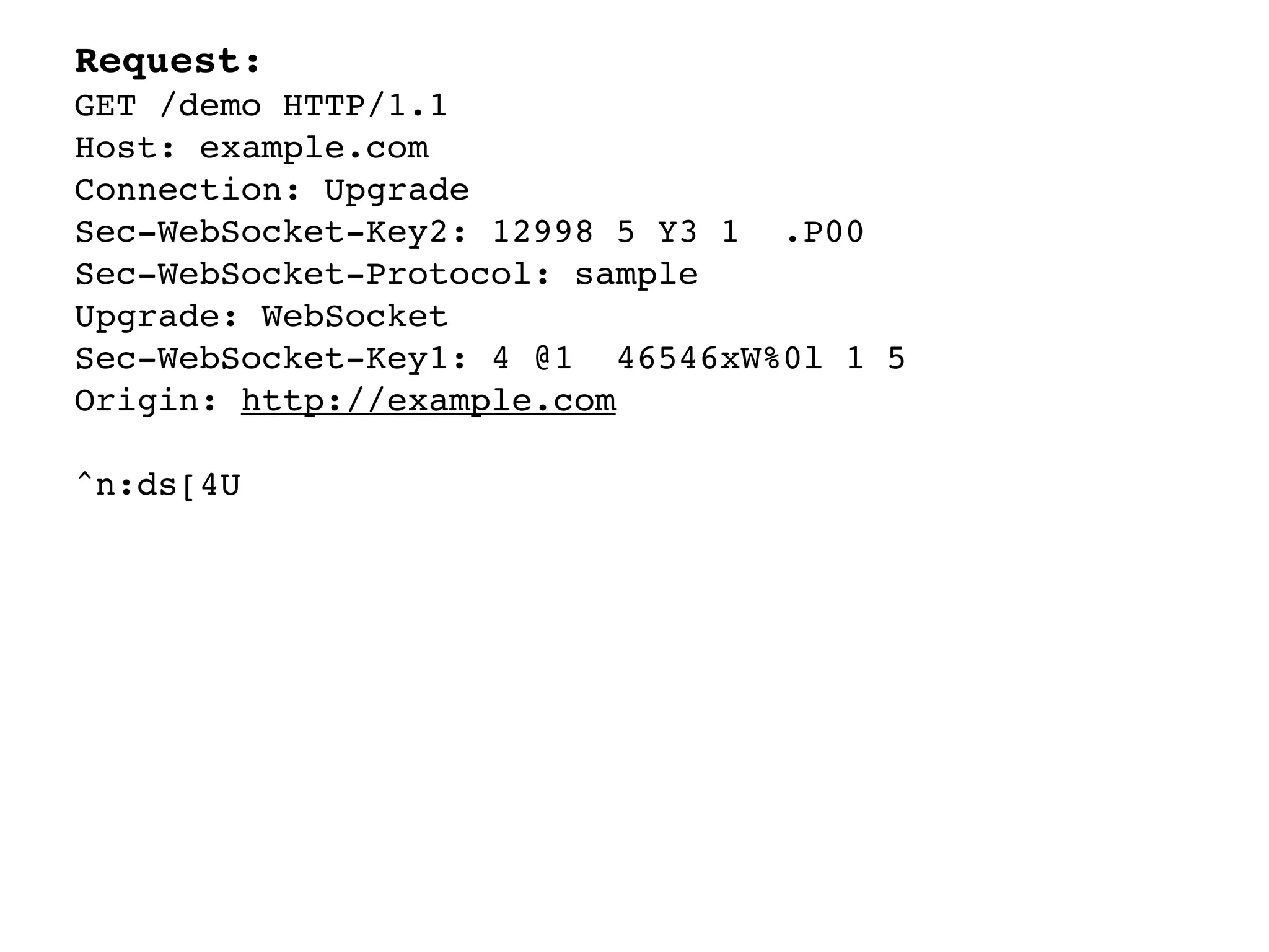 Request:
GET /demo HTTP/1.1
Host: example.com
Connection: Upgrade
Sec-WebSocket-Key2: 12998 5 Y3 1 .P00
Sec-WebSocket-Protocol: sample
Upgrade: WebSocket
Sec-WebSocket-Key1: 4 @1 46546xW%0l 1 5
Origin: http://example.com

^n:ds[4U
 