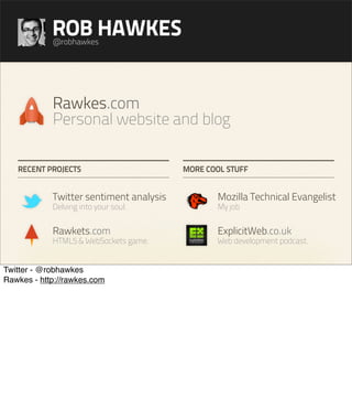 ROB HAWKES
            @robhawkes




            Rawkes.com
            Personal website and blog

   RECENT PROJECTS    ...