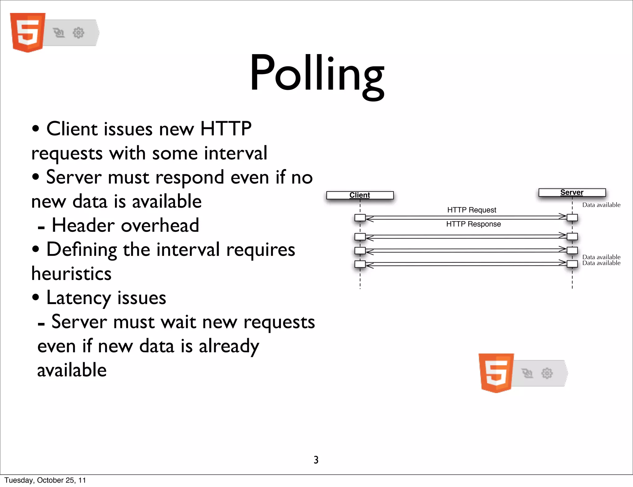 Polling
       • Client issues new HTTP
       requests with some interval
       • Server must respond even if no
       new data is available              Client                   Server
                                                                        Data available
                                                   HTTP Request

        - Header overhead                          HTTP Response



       • Deﬁning the interval requires                                  Data available
                                                                        Data available

       heuristics
       • Latency issues
        - Server must wait new requests
        even if new data is already
        available



                                      3
Tuesday, October 25, 11
 