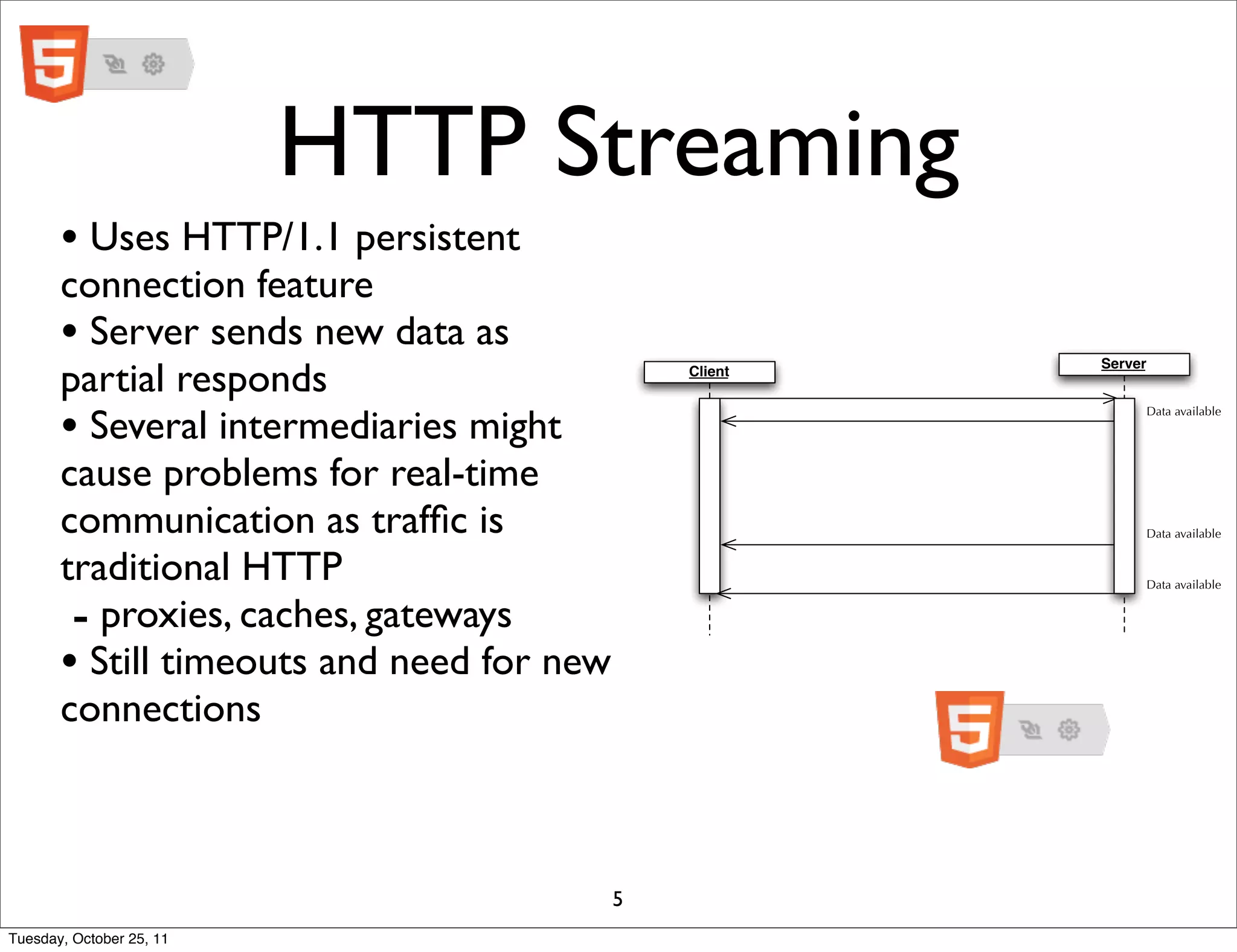 HTTP Streaming
       • Uses HTTP/1.1 persistent
       connection feature
       • Server sends new data as
       partial responds
                                                        Server
                                               Client



       • Several intermediaries might
                                                                 Data available




       cause problems for real-time
       communication as trafﬁc is                                Data available


       traditional HTTP                                          Data available


        - proxies, caches, gateways
       • Still timeouts and need for new
       connections



                                           5
Tuesday, October 25, 11
 