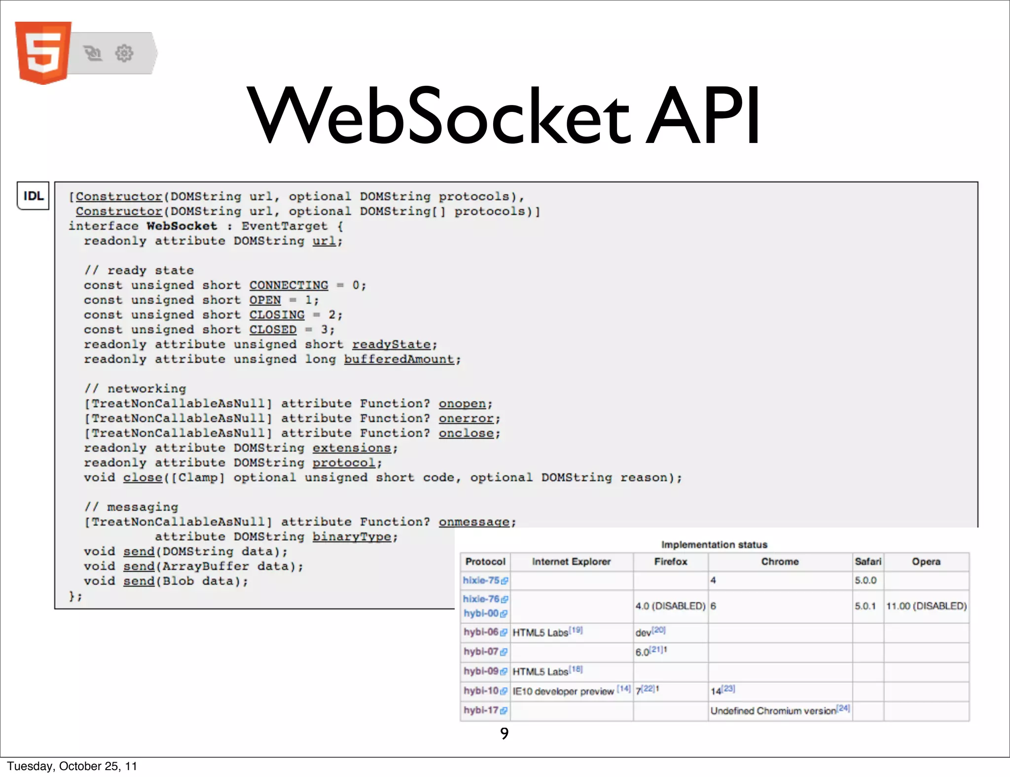 WebSocket API




                                9
Tuesday, October 25, 11
 