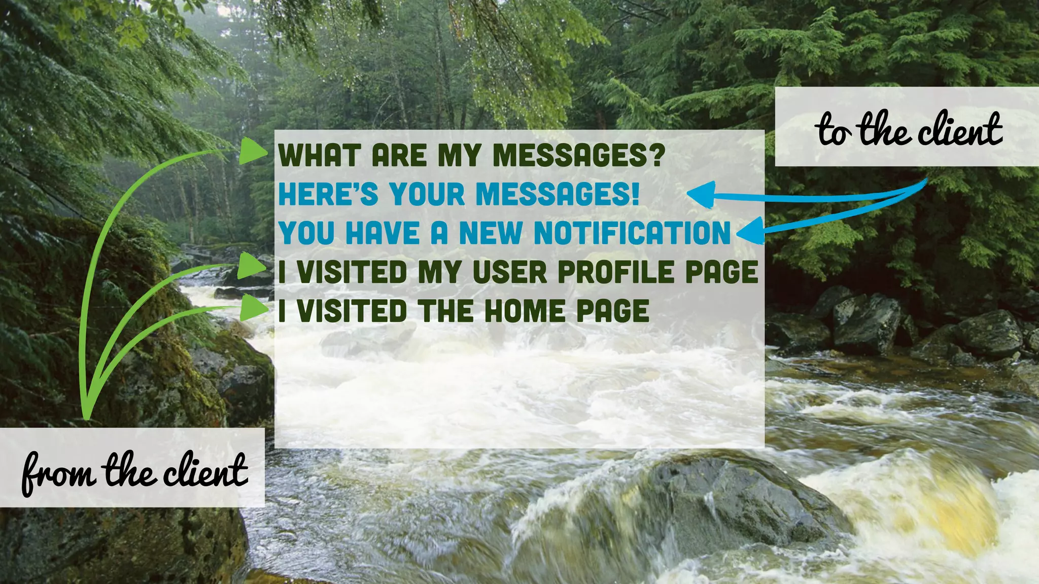 What are my messages?
Here’s Your messages!
You have a new notification
I visited my user profile page
I visited the home page
from the client
to the client
 
