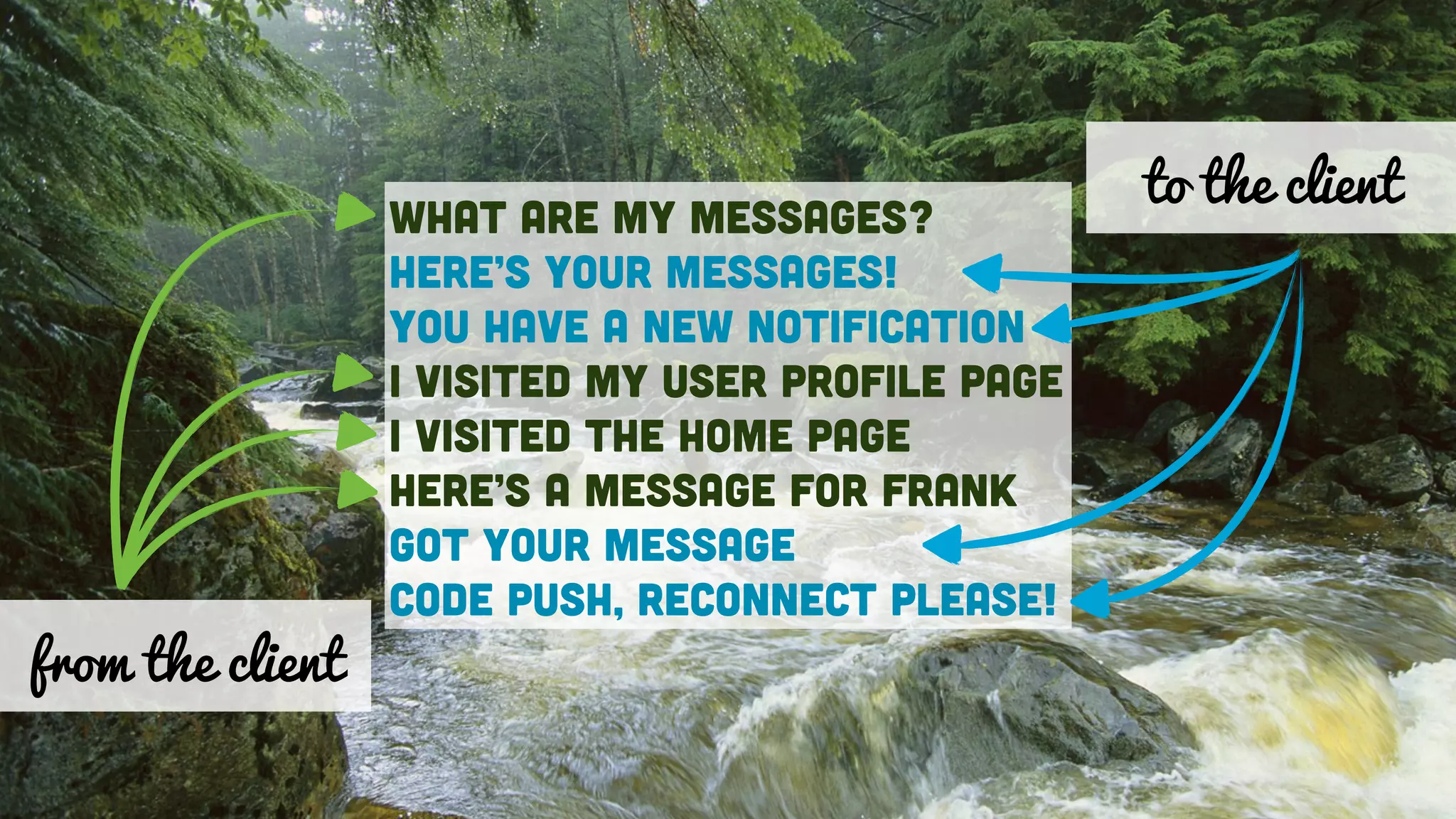 What are my messages?
Here’s Your messages!
You have a new notification
I visited my user profile page
I visited the home page
Here’s a Message for Frank
Got your message
Code push, reconnect please!
from the client
to the client
 