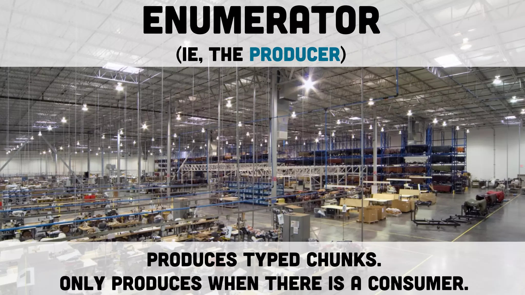 Enumerator
(ie, the PRODUCER)
Produces typed chunks.
Only produces when there is a CONSUMER.
 