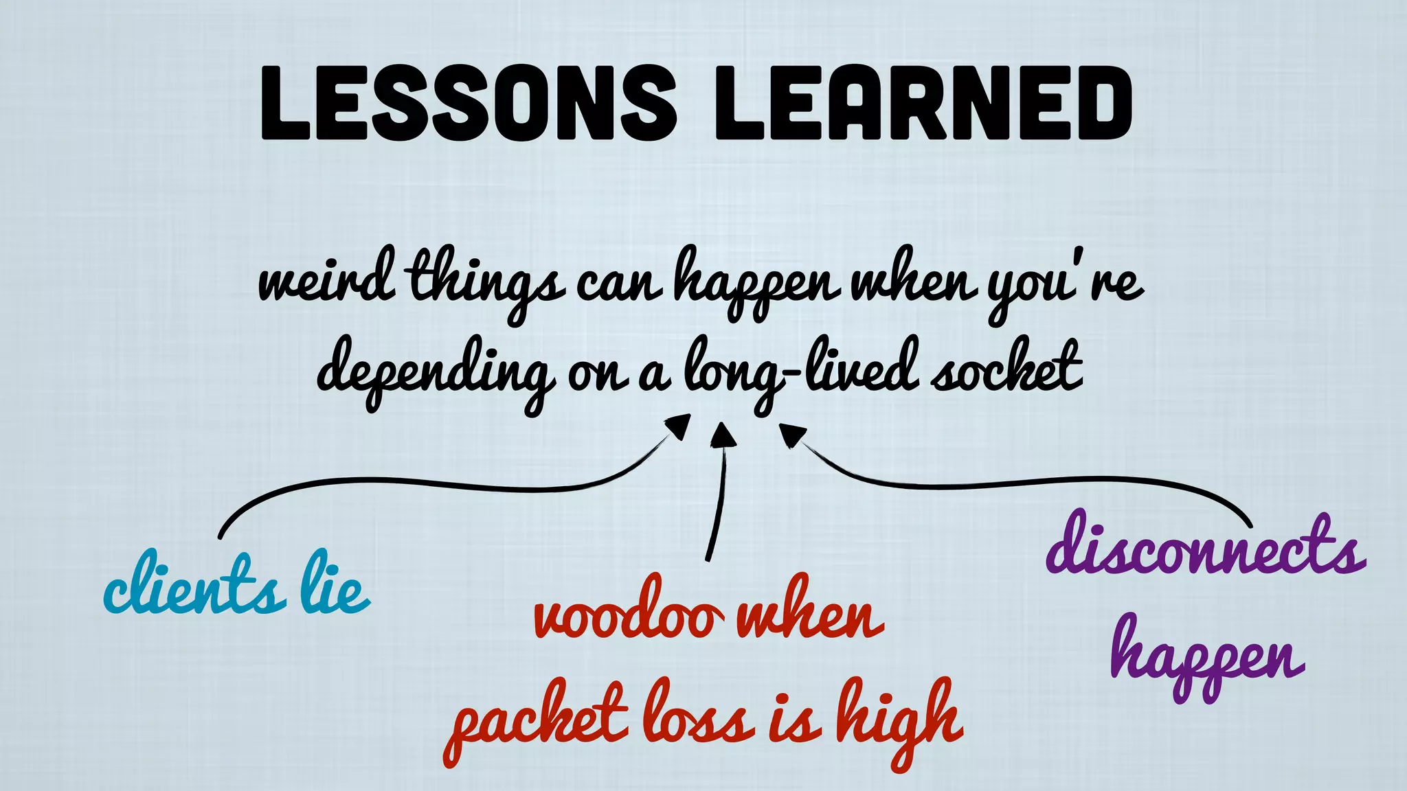 Lessons learned
weird things can happen when you’re
depending on a long-lived socket
clients lie voodoo when
packet loss is high
disconnects
happen
 