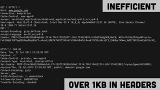 GET / HTTP/1.1
Host: www.google.com
Connection: keep-alive
Cache-Control: max-age=0
Accept: text/html,application/xhtml+xml,application/xml;q=0.9,*/*;q=0.8
User-Agent: Mozilla/5.0 (Macintosh; Intel Mac OS X 10_8_4) AppleWebKit/537.36 (KHTML, like Gecko) Chrome/
28.0.1500.71 Safari/537.36
DNT: 1
Accept-Encoding: gzip,deflate,sdch
Accept-Language: en-US,en;q=0.8
Cookie: PREF=ID=e248d326d84eb3dc:FF=0:TM=1372622071:LM=1274622070:S=2bERIaHgSKRjWeC8; NID=47=CHAZZVkq40TcovIu-
FuXlU0pF2UPfqqSEhNqx8hqUKnZ7-s4uxGjtBEFK7kRtTSVEu4fzJ00vhB4OrLRxw8JfV5EuiKczEC2_EHkBqr1kNwn_NdZ73XRl2umFybXYoiVD_
HTTP/1.1 200 OK
Date: Tue, 23 Jul 2013 23:28:02 GMT
Expires: -1
Cache-Control: private, max-age=0
Content-Type: text/html; charset=UTF-8
Set-Cookie: PREF=ID=e248d326d84eb3dc:FF=1997f24999d1d9ef:FF=0:TM=1334622374:LM=1374622082:S=ynynJppwL64C6VMRU;
expires=Thu, 23-Jul-2015 23:28:02 GMT; path=/; domain=.google.com
Content-Encoding: gzip
Server: gws
X-XSS-Protection: 1; mode=block
X-Frame-Options: SAMEORIGIN
Transfer-Encoding: chunked
Inefficient
Over 1kb in headers
 