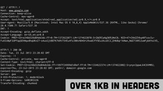GET / HTTP/1.1
Host: www.google.com
Connection: keep-alive
Cache-Control: max-age=0
Accept: text/html,application/xhtml+xml,application/xml;q=0.9,*/*;q=0.8
User-Agent: Mozilla/5.0 (Macintosh; Intel Mac OS X 10_8_4) AppleWebKit/537.36 (KHTML, like Gecko) Chrome/
28.0.1500.71 Safari/537.36
DNT: 1
Accept-Encoding: gzip,deflate,sdch
Accept-Language: en-US,en;q=0.8
Cookie: PREF=ID=e248d326d84eb3dc:FF=0:TM=1372622071:LM=1274622070:S=2bERIaHgSKRjWeC8; NID=47=CHAZZVkq40TcovIu-
FuXlU0pF2UPfqqSEhNqx8hqUKnZ7-s4uxGjtBEFK7kRtTSVEu4fzJ00vhB4OrLRxw8JfV5EuiKczEC2_EHkBqr1kNwn_NdZ73XRl2umFybXYoiVD_
HTTP/1.1 200 OK
Date: Tue, 23 Jul 2013 23:28:02 GMT
Expires: -1
Cache-Control: private, max-age=0
Content-Type: text/html; charset=UTF-8
Set-Cookie: PREF=ID=e248d326d84eb3dc:FF=1997f24999d1d9ef:FF=0:TM=1334622374:LM=1374622082:S=ynynJppwL64C6VMRU;
expires=Thu, 23-Jul-2015 23:28:02 GMT; path=/; domain=.google.com
Content-Encoding: gzip
Server: gws
X-XSS-Protection: 1; mode=block
X-Frame-Options: SAMEORIGIN
Transfer-Encoding: chunked
Over 1kb in headers
 