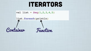 val list = Seq(1,2,3,4,5)
list.foreach(println)
Container Function
Iterators
 