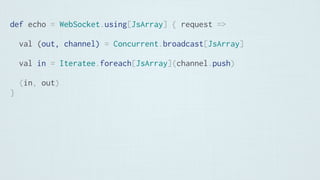 def echo = WebSocket.using[JsArray] { request =>
val (out, channel) = Concurrent.broadcast[JsArray]
val in = Iteratee.foreach[JsArray](channel.push)
(in, out)
}
 
