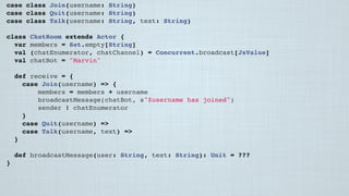 case class Join(username: String)
case class Quit(username: String)
case class Talk(username: String, text: String)
class ChatRoom extends Actor {
var members = Set.empty[String]
val (chatEnumerator, chatChannel) = Concurrent.broadcast[JsValue]
val chatBot = "Marvin"
 
def receive = {
case Join(username) => {
members = members + username
broadcastMessage(chatBot, s"$username has joined")
sender ! chatEnumerator
}
case Quit(username) =>
case Talk(username, text) =>
}
 
def broadcastMessage(user: String, text: String): Unit = ???
}
 