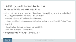 Copyright © 2014, Oracle and/or its affiliates. All rights reserved. | 
JSR-356: Java API for WebSocket 1.0 
The Java Standard for WebSocket Applications 
•Java community proposed and developed a specification and standard API for using WebSocket with the Java platform 
–Many companies and individuals represented 
–Oracle specification lead, developer of reference implementation with Project Tyrus 
•JSR-356 
–Specification finalized and approved May 2013 
–Included in Java EE 7 specification 
•Integrated into WebLogic Server 12.1.3  