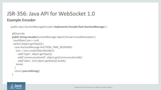 Copyright © 2014, Oracle and/or its affiliates. All rights reserved. | 
JSR-356: Java API for WebSocket 1.0 
Example Encoder 
public class AuctionMessageEncoder implements Encoder.Text<AuctionMessage> { 
@Override 
public String encode(AuctionMessage object) throws EncodeException { 
JsonObject json = null; 
switch (object.getType()) { 
case AuctionMessage.AUCTION_TIME_RESPONSE: 
json = Json.createObjectBuilder() 
.add("type", object.getType()) 
.add("communicationId", object.getCommunicationId()) 
.add("data", (int) object.getData()).build(); 
break; 
} 
return json.toString(); 
} 
 