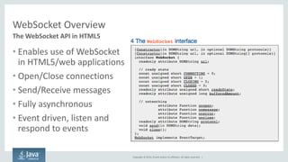 Copyright © 2014, Oracle and/or its affiliates. All rights reserved. | 
WebSocket Overview 
The WebSocket API in HTML5 
•Enables use of WebSocket in HTML5/web applications 
•Open/Close connections 
•Send/Receive messages 
•Fully asynchronous 
•Event driven, listen and respond to events  