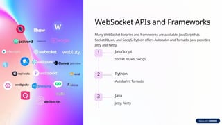 WebSocket APIs and Frameworks
Many WebSocket libraries and frameworks are available. JavaScript has
Socket.IO, ws, and SockJS. Python offers Autobahn and Tornado. Java provides
Jetty and Netty.
1 JavaScript
Socket.IO, ws, SockJS
2 Python
Autobahn, Tornado
3 Java
Jetty, Netty
 