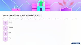 Security Considerations for WebSockets
Protect against Cross-Site WebSocket Hijacking (CSWSH) attacks. Validate input to prevent injection vulnerabilities. Authentication and authorisation are essential. Use TLS encryption (WSS).
CSWSH
Validate
Auth
TLS
 