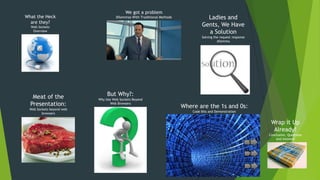 What the Heck
are they?
Web Sockets
Overview
We got a problem
Dilemmas With Traditional Methods Ladies and
Gents, We Have
a Solution
Solving the request response
dilemma
Where are the 1s and 0s:
Code Bits and Demonstration
Meat of the
Presentation:
Web Sockets beyond web
browsers
Wrap it Up
Already!
Conclusion, Questions
and Answers
But Why?:
Why Use Web Sockets Beyond
Web Browsers
3
1
2
 