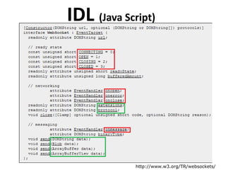 IDL (Java Script)

Server Support



              http://www.w3.org/TR/websockets/
 