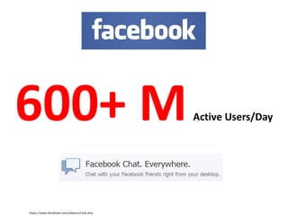 600+ M                                       Active Users/Day




https://www.facebook.com/sitetour/chat.php
 