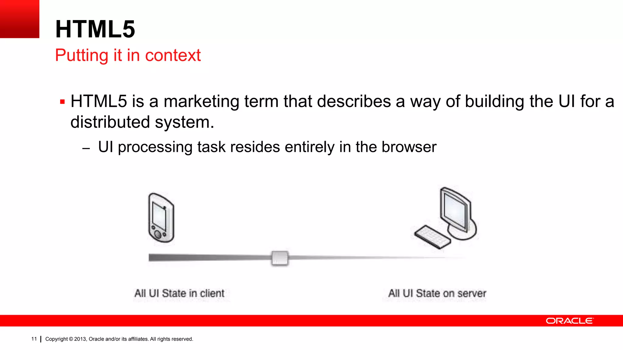 HTML5 Putting it in context  HTML5 is a marketing term that describes a way of building the UI for a distributed system. – UI processing task resides entirely in the browser 11 Copyright © 2013, Oracle and/or its affiliates. All rights reserved. 