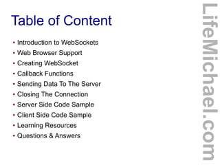 ●

Introduction to WebSockets

●

Web Browser Support

●

Creating WebSocket

●

Callback Functions

●

Sending Data To Th...
