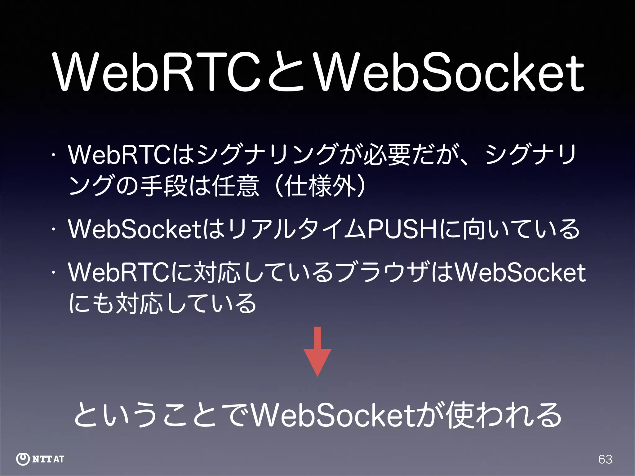 WebRTCとWebSocket
•

WebRTCはシグナリングが必要だが、シグナリ
ングの手段は任意（仕様外）

•

WebSocketはリアルタイムPUSHに向いている

•

WebRTCに対応しているブラウザはWebSocket
にも対応している

ということでWebSocketが使われる
63

 