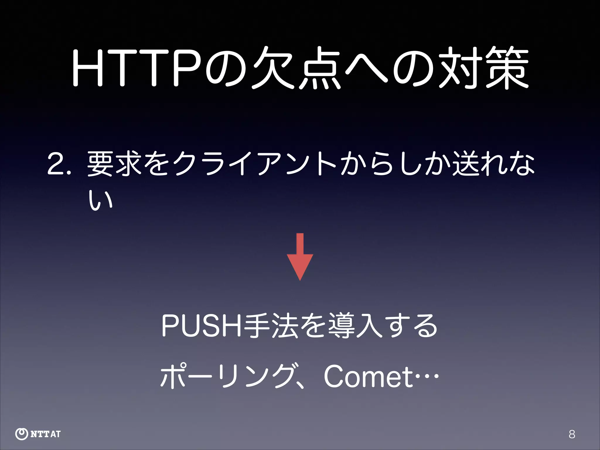 HTTPの欠点への対策
2. 要求をクライアントからしか送れな
い

PUSH手法を導入する
ポーリング、Comet…
8

 